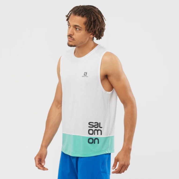 Camisetas Regata Salomon Cross Run Gráficas Masculino Branco Turquesa | PT C67839